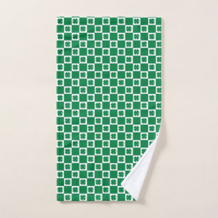 Chequered Green and White Shamrock Clover Pattern Hand Towel