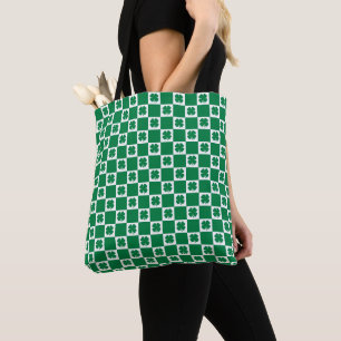 Chequered Green and White Shamrock Clover Pattern Tote Bag