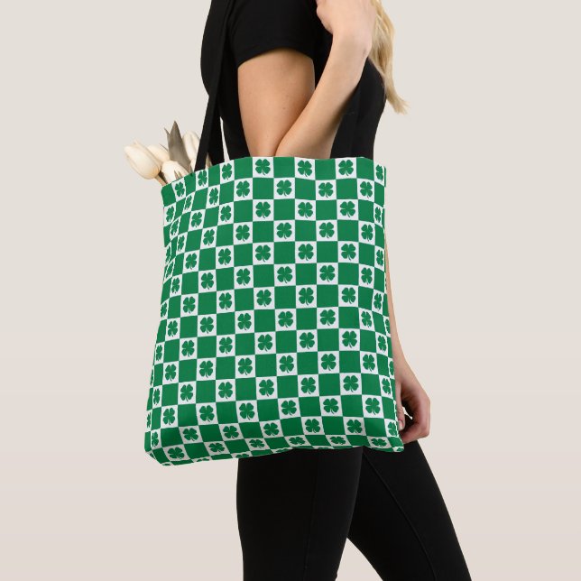 Chequered Green and White Shamrock Clover Pattern Tote Bag (Close Up)