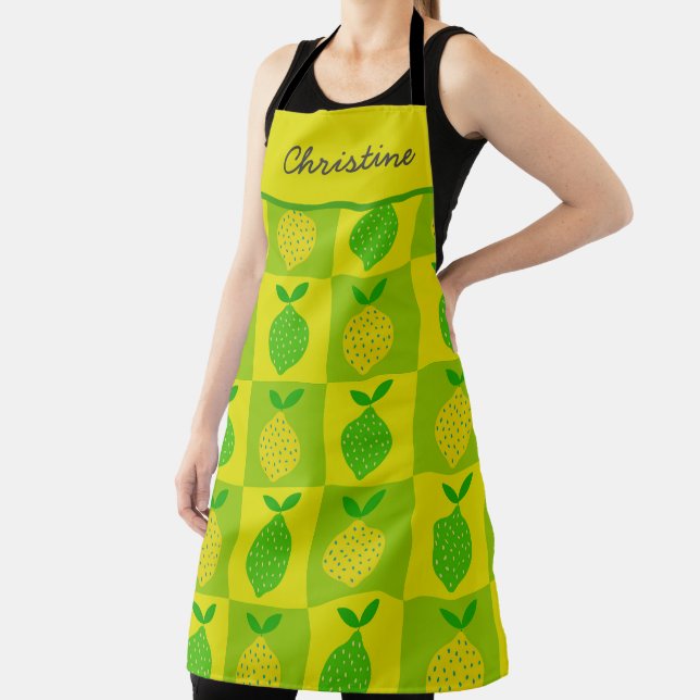 Chequered Green and Yellow Lemons Custom Name  Apron (Insitu)