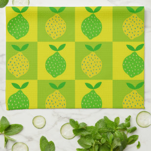 Chequered Green and Yellow Lemons Pattern Tea Towel