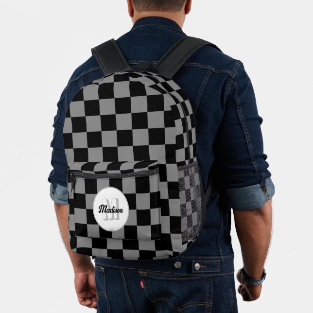 Chequered grey and black geometric retro Monogram Printed Backpack (Insitu (Model))