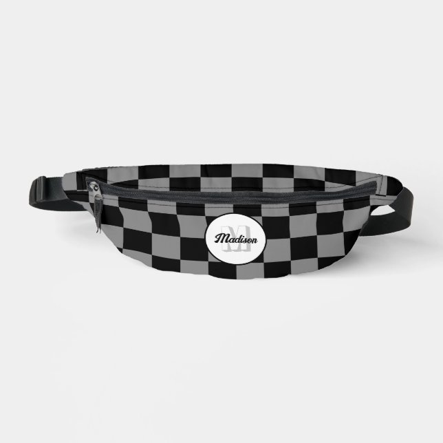 Chequered grey black geometric retro Monogram Bum Bags (Front)