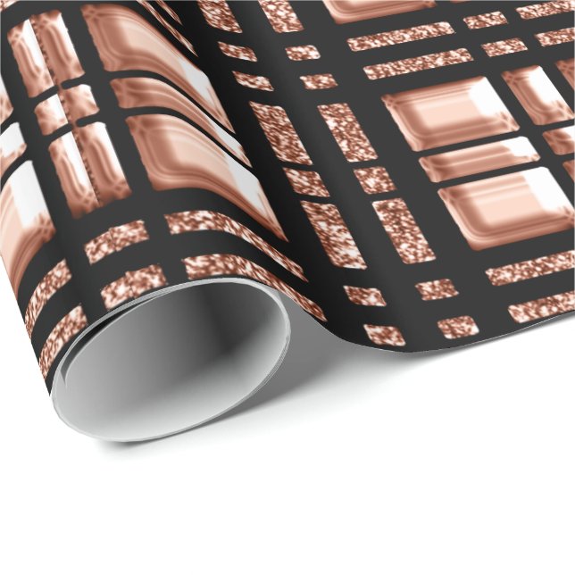 Chequered Grilled  Geometry Rose Gold Copper Black Wrapping Paper (Roll Corner)