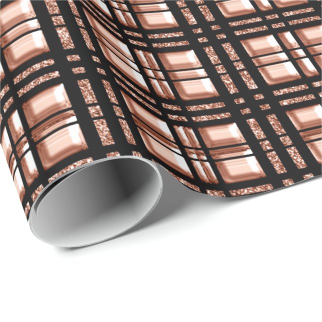 Chequered Grilled  Geometry Rose Gold Copper Black Wrapping Paper (Roll Corner)