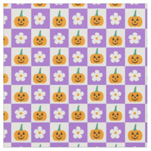 Chequered Halloween Pumpkins and Retro Flowers Fabric