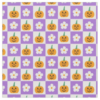 Chequered Halloween Pumpkins and Retro Flowers Fabric