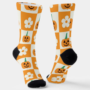 Chequered Halloween Pumpkins with retro flowers Socks
