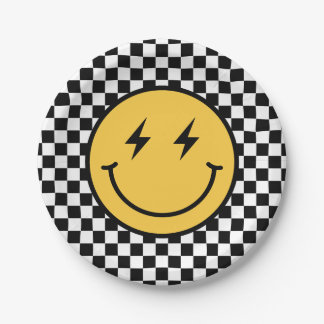 Chequered Happy Face Birthday Paper Plate