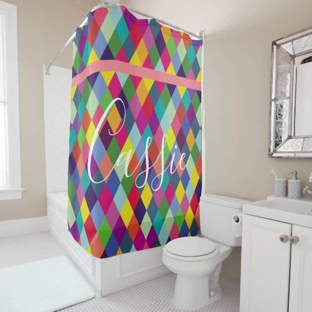 Chequered Harlequin Rainbow Thermal Tumbler Shower Curtain (In Situ)