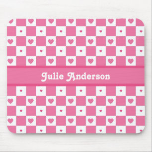 Chequered Heart Squares Pattern Pink and Whtie Mouse Mat
