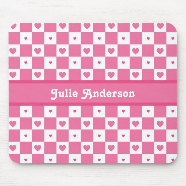 Chequered Heart Squares Pattern Pink and Whtie Mouse Mat (Front)