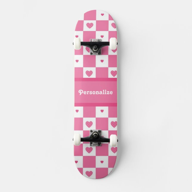 Chequered Heart Squares Pattern Pink and Whtie Skateboard (Front)