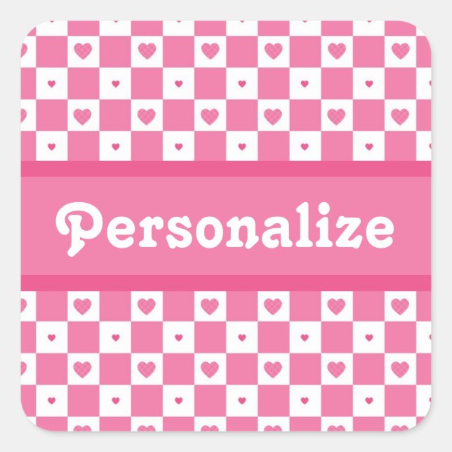 Chequered Heart Squares Pattern Pink and Whtie Square Sticker (Front)