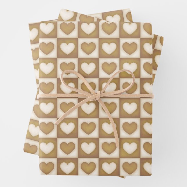 Chequered Hearts in Blonde Cream Wrapping Paper Sheet (In situ)