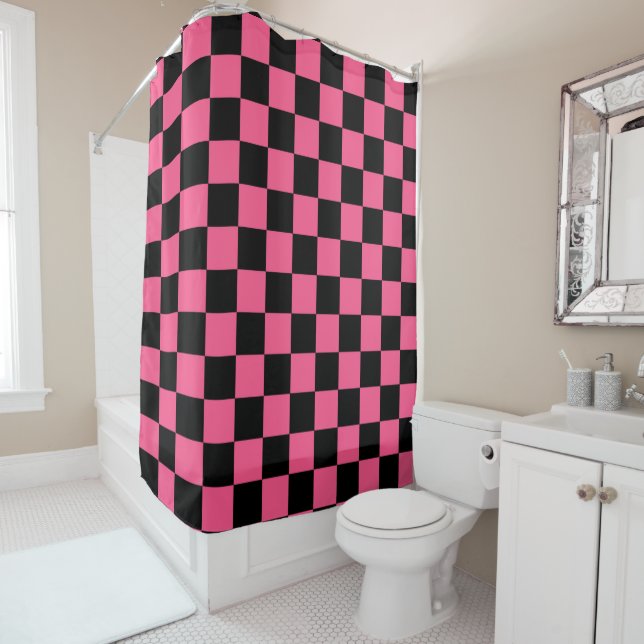 Chequered Hot Pink and Black Shower Curtain (In Situ)