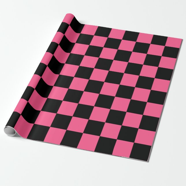 Chequered Hot Pink and Black Wrapping Paper (Unrolled)