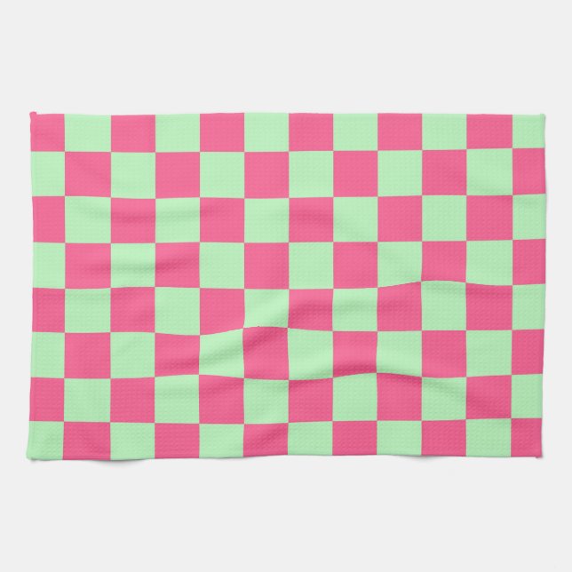 Chequered Hot Pink and Soft Green Tea Towel (Horizontal)