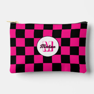 Chequered Hot pink Black geometric retro Monogram Accessory Pouch