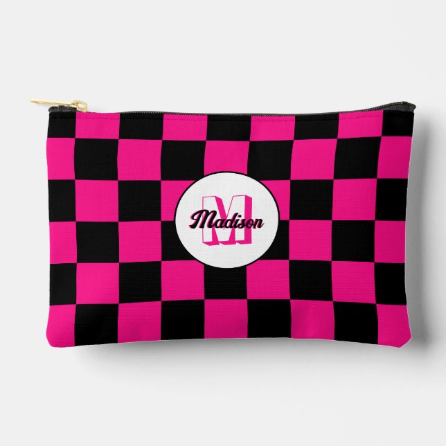 Chequered Hot pink Black geometric retro Monogram Accessory Pouch (Front)