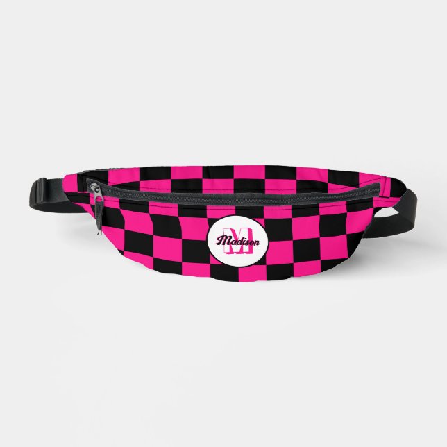 Chequered Hot pink black geometric retro Monogram Bum Bags (Front)