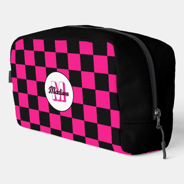 Chequered Hot pink Black geometric retro Monogram Dopp Kit (Right Corner)