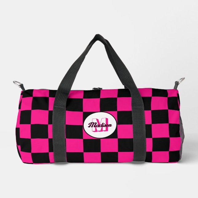 Chequered Hot pink Black geometric retro Monogram Duffle Bag (Front)
