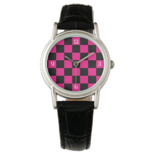 Chequered hot pink black geometric retro w numbers watch