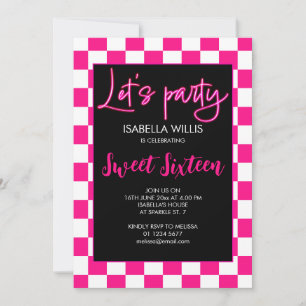 Chequered hot pink black retro Lets party Sweet 16 Invitation
