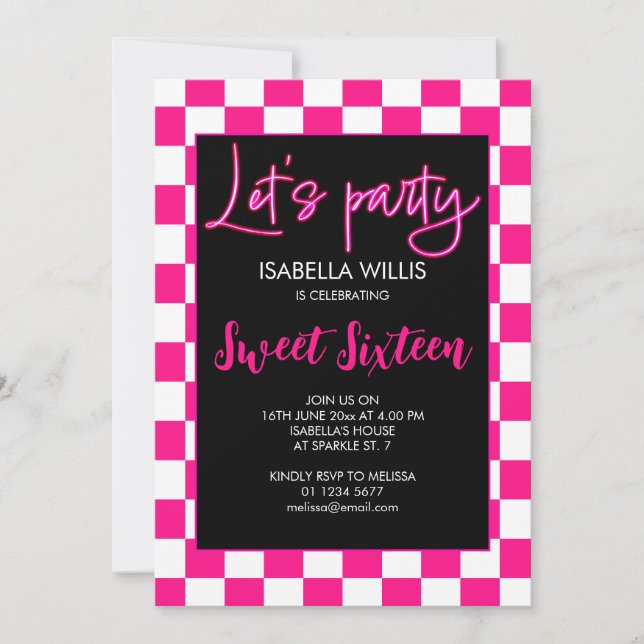 Chequered hot pink black retro Lets party Sweet 16 Invitation (Front)