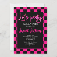 Chequered hot pink black retro Lets party Sweet 16