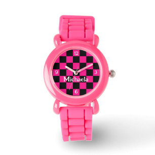 Chequered hot pink black retro w numbers Your name Watch