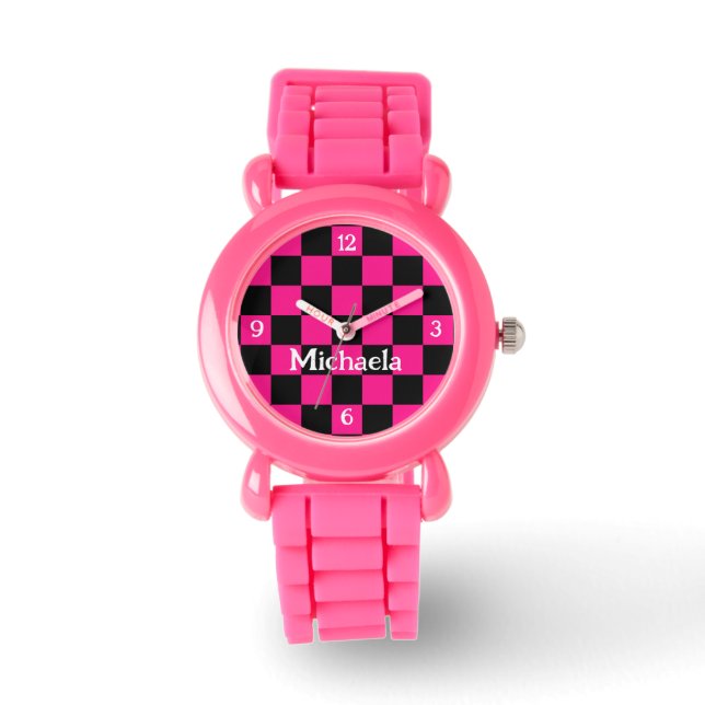 Chequered hot pink black retro w numbers Your name Watch (Front)