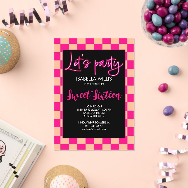 Chequered hot pink peach black Lets party Sweet 16 Acrylic Invitations (Insitu (Celebration))