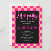 Chequered hot pink peach retro Lets party Sweet 16