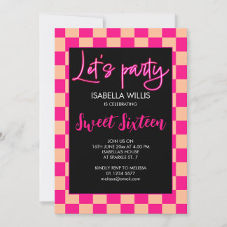 Chequered hot pink peach retro Lets party Sweet 16 Invitation