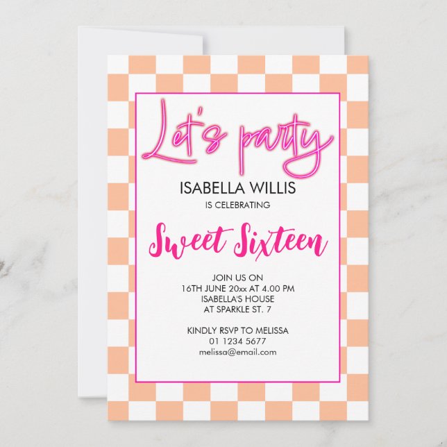 Chequered hot pink peach white Lets party Sweet 16 Invitation (Front)