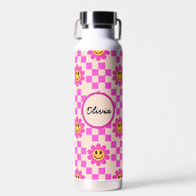 Chequered Hot Pink Smiling Flowers Custom Name  