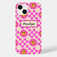 Chequered Hot Pink Smiling Flowers Personalised