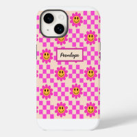 Chequered Hot Pink Smiling Flowers Personalised