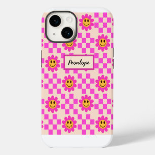 Chequered Hot Pink Smiling Flowers Personalised iPhone 14 Case