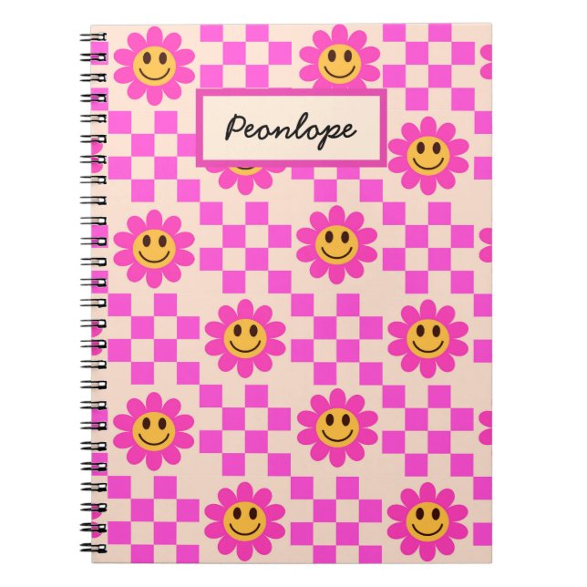 Chequered Hot Pink Smiling Flowers Personalised  Notebook (Front)
