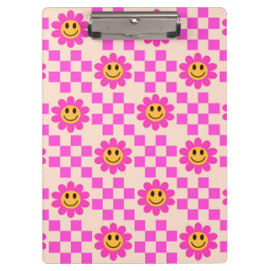 Chequered Hot Pink Smiling Flowers with Squares  Clipboard