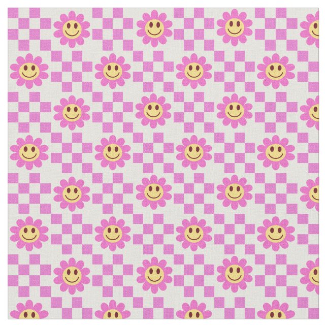 Chequered Hot Pink Smiling Flowers with squares Fabric (Close Up)
