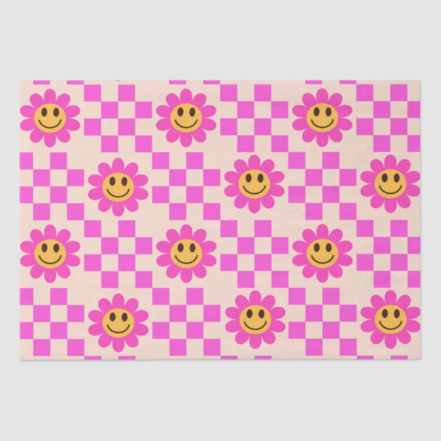 Chequered Hot Pink Smiling Flowers with squares  Tissue Paper (Front)