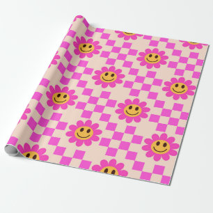 Chequered Hot Pink Smiling Flowers with squares Wrapping Paper
