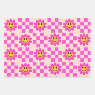 Chequered Hot Pink Smiling Flowers with squares  Wrapping Paper Sheet