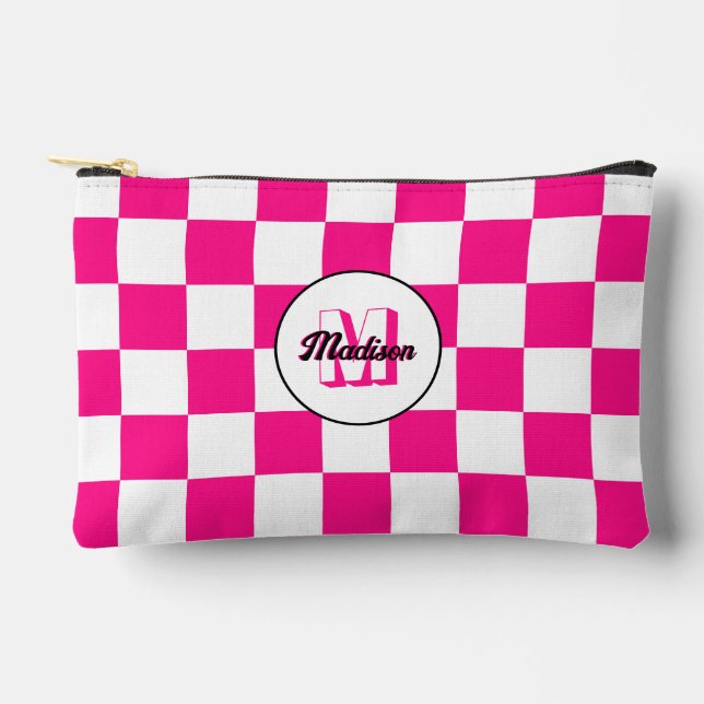 Chequered Hot pink white geometric retro Monogram Accessory Pouch (Front)