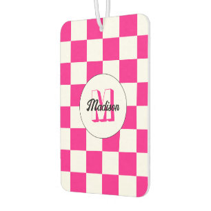 Chequered Hot pink white geometric retro Monogram Car Air Freshener