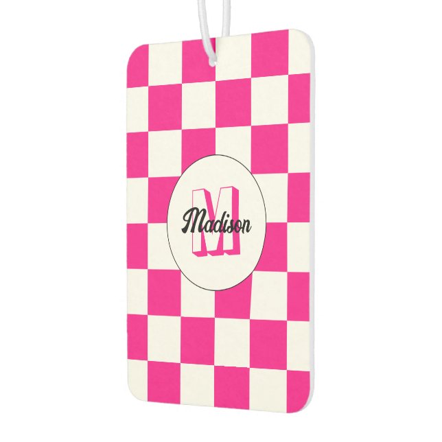 Chequered Hot pink white geometric retro Monogram Car Air Freshener (Left)
